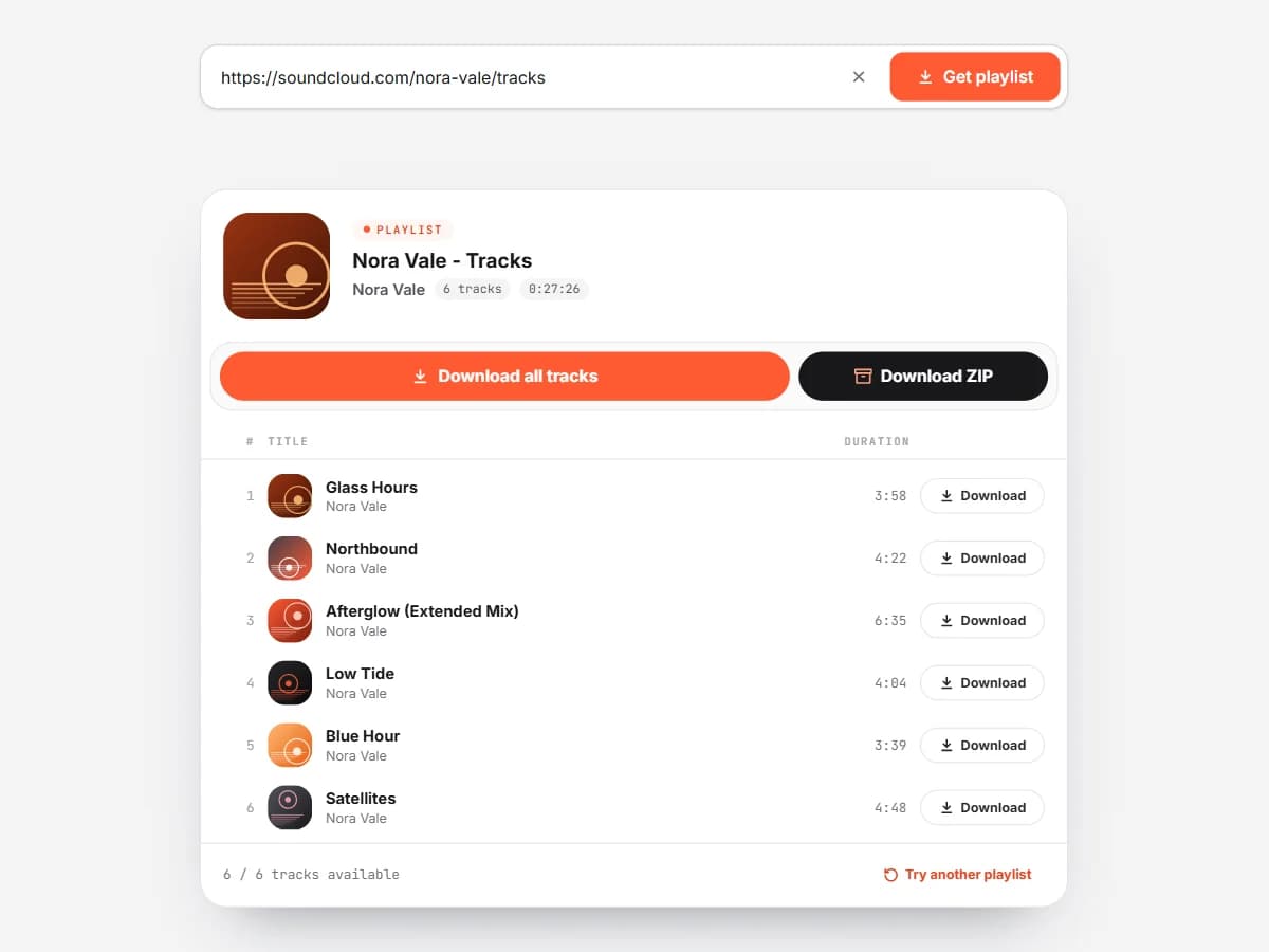An artist profile link ending in /tracks pasted into SCSaver