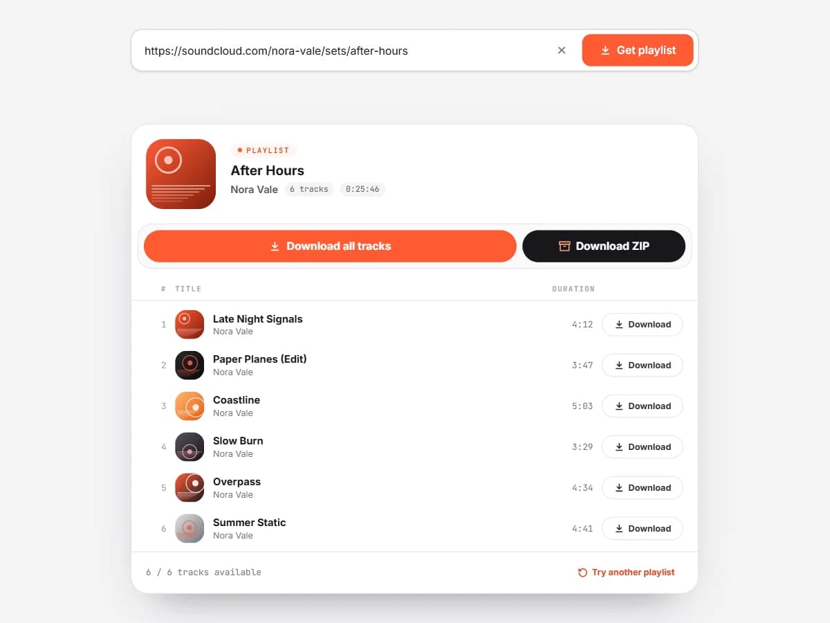 A SoundCloud playlist loaded in SCSaver with every track listed